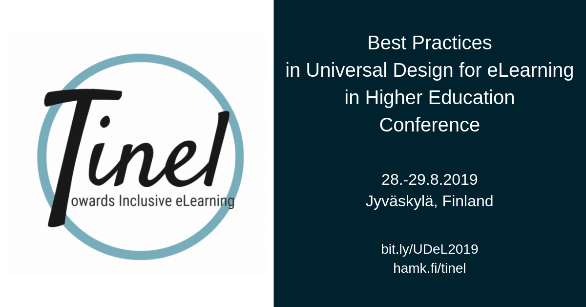Conference banner: Best Practices in Universal Design for eLearning in Higher Education Conference 28.-29.8.2019, Jyväskylä, Finland.