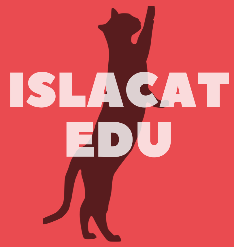 Valkoinen Islacat edu -teksti punaisella pohjalla, taustalla ylöspäin venyttelevä kissa