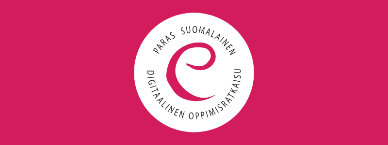 eEemeli-kilpailun pinkki e-kirjain, jonka ympärillä teksti paras suomalainen digitaalinen oppimisratkaisu