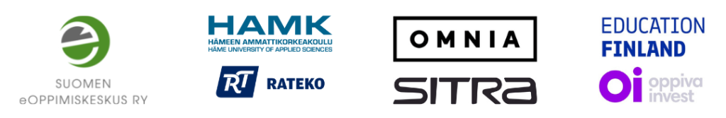 eEemeli 2022 -yhteistyökumppaneiden logot: Suomen eOppimiskeskus ry, HAMK, Rateko, Omnia, Sitra, Education Finland, Oppiva Invest Oy