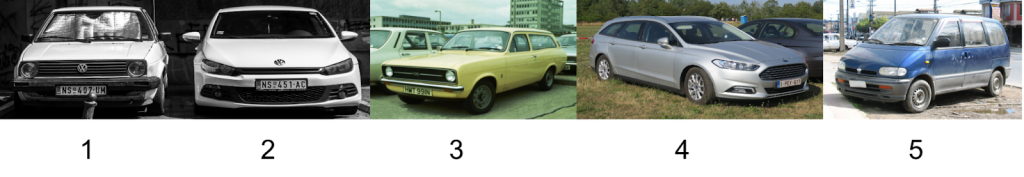 Rinnakkain viisi valokuvaa eri-ikäisistä autoista. Kuvat numeroitu 1-5.