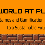 Pikselipiirroskuva maapallosta. eEemeli-logo. World at play - Games and Gamification as Keys to a Sustainable Future.