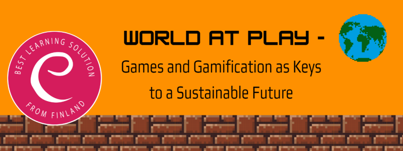 Pikselipiirroskuva maapallosta. eEemeli-logo. World at play - Games and Gamification as Keys to a Sustainable Future.