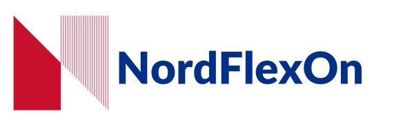 NordFlexOn logo, jossa punainen N-symboli ja teksti NordFlexOn sinisellä