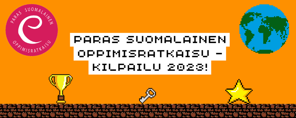 Paras suomalainen oppimisratkaisu kilpailu 2023. eEemeli-logo. Pokaali. Tähti. Avain. Maapallo.