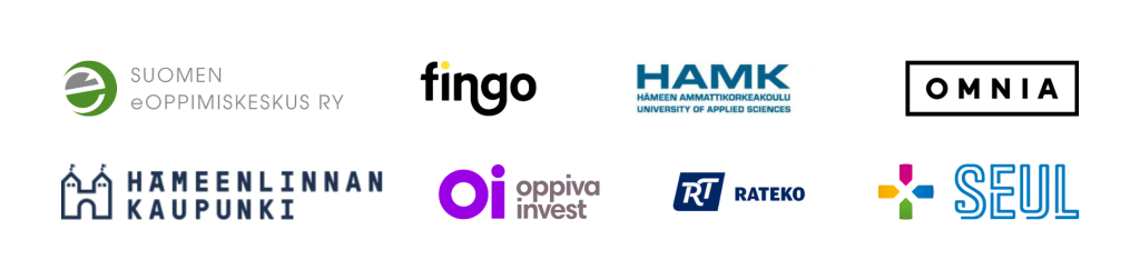 Kilpailun yhteistyökumppaneiden logot: Suomen eOppimiskeskus ry, Fingo, HAMK Hämeen ammattikorkeakoulu, Omnia, Hämeenlinnan kaupunki, Oppiva Invest, Rateko, SEUL.