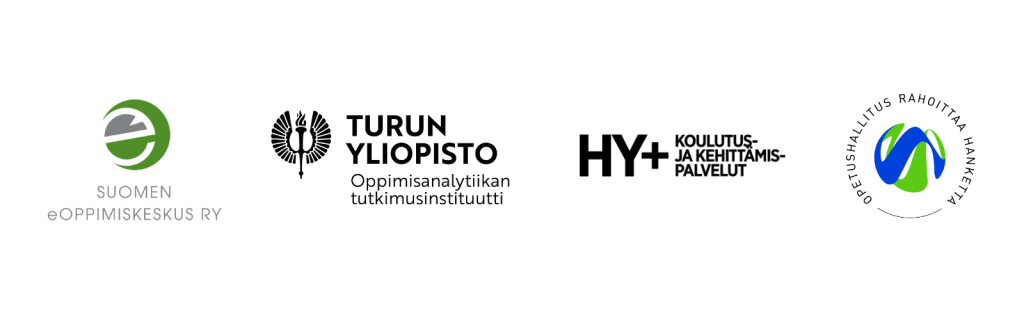 eOppimiskeskuksen logo. Turun Yliopiston logo. HY+:n logo. OPH rahoittaa -logo.