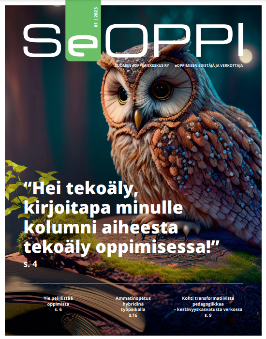 SeOppi-lehden 1/2023 kansi. Tekoälyllä luotu pöllön kuva.