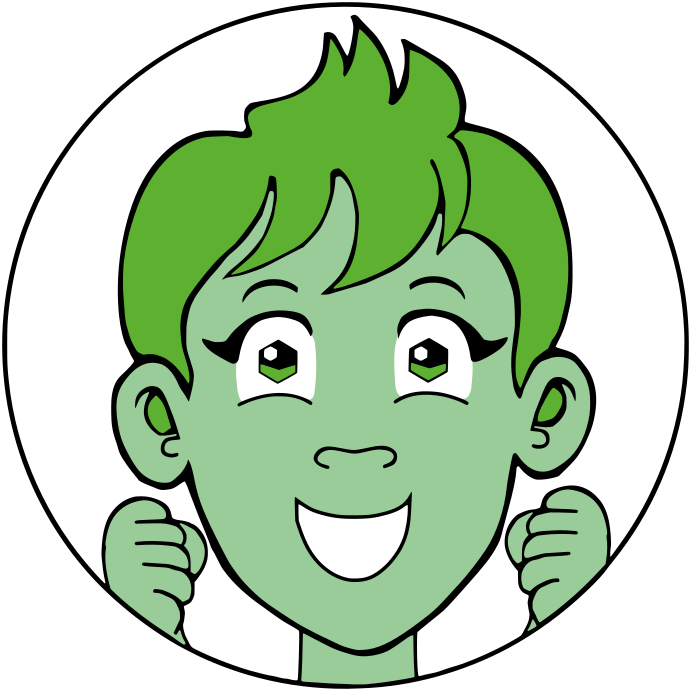 Gemma-avatar. Iloinen, vihreä ihmisen kaltainen piirroshahmo. Silmien pupillit kuusiokulman muotoiset.